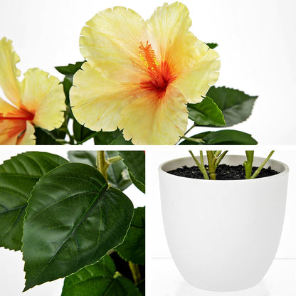 Artificial Hibiscus Plant in Pot, 14.5" Faux Peach Hibiscus Flowers
