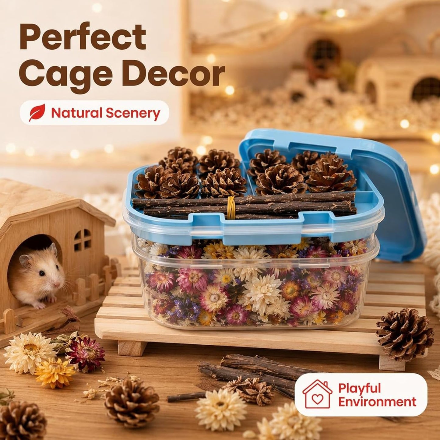 Natural Pet Nest Decorations for Small Pets, Hamster & Rabbit Chew Toys Set with Dried Flowers, Apple Sticks & Pine Cones, Pet-Friendly, Helps Adapt to New Environment & Relieve Stress