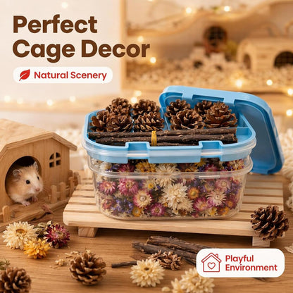 Natural Pet Nest Decorations for Small Pets, Hamster & Rabbit Chew Toys Set with Dried Flowers, Apple Sticks & Pine Cones, Pet-Friendly, Helps Adapt to New Environment & Relieve Stress