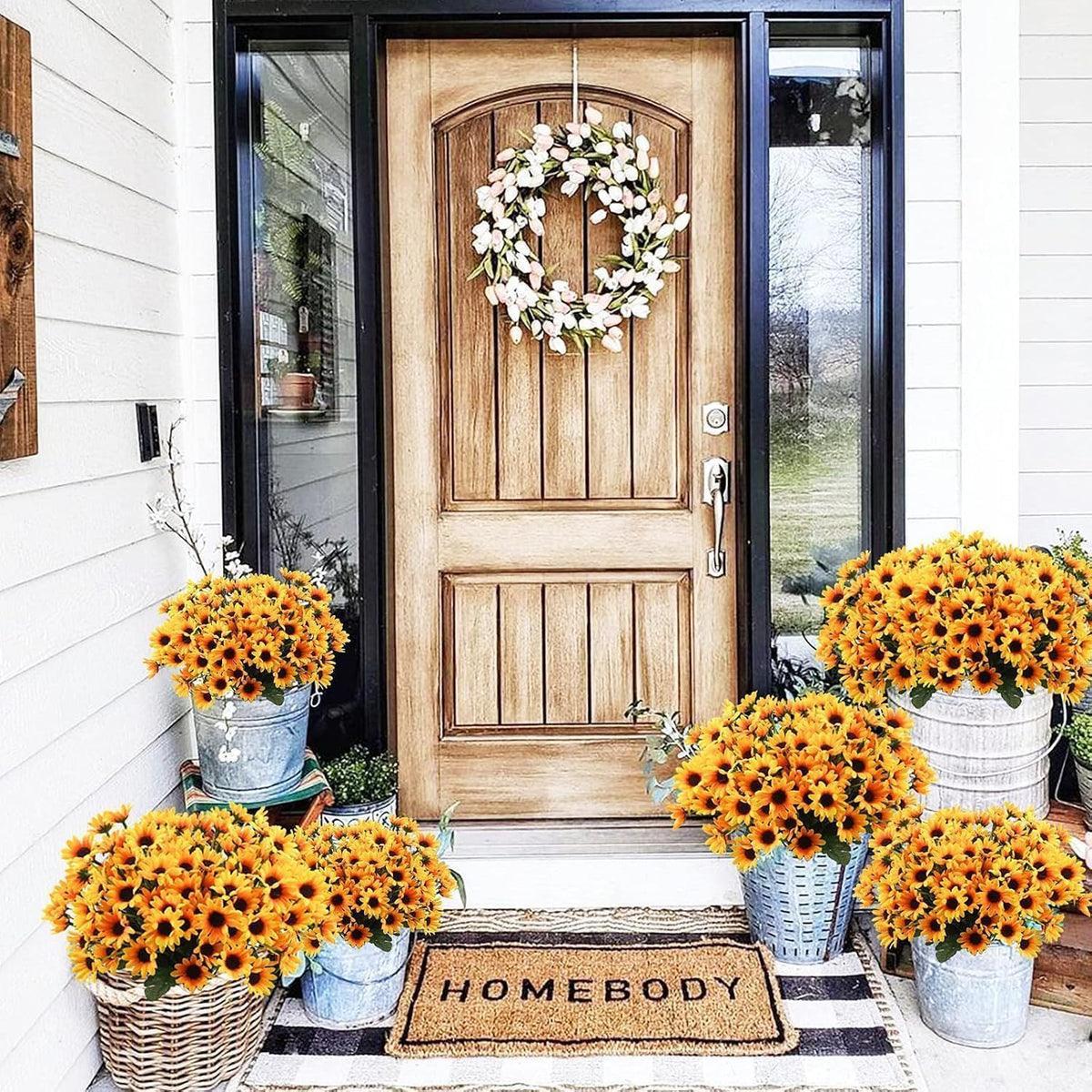 Sunflowers Artificial Flowers Daisy Mums Fake Flowers Outdoor UV Resistant No Fade Fall Flowers 24 Stems Greenery Shrubs Indoor Outside Home Wedding Office DIY Garden Décor (Yellow)
