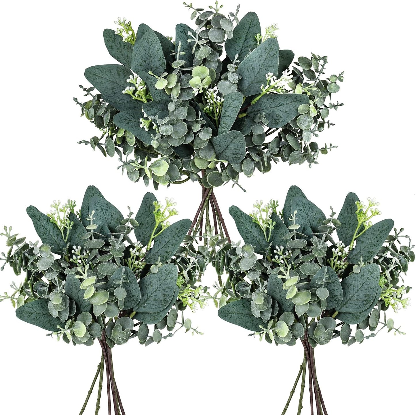 20 Pcs Mixed Artificial Oval Eucalyptus Leaves Bulk with White Seeds Stems and Spray for Vase Floral Wreath Bouquets Wedding Greenery Decoration