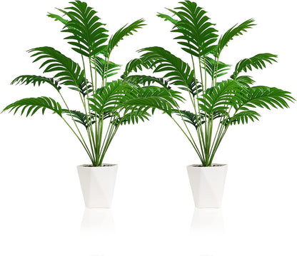 Set of 2 Artificial Areca Palm Plants in Pots, 50 Inch Fake Tropical Palm Trees with Greenery Leaves and Stems, Faux Dypsis Lutescens Floor Plants for Garden, Store, Office, Home Decoration