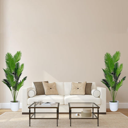 Set of 2 Artificial Areca Palm Plants in Pots, 50 Inch Fake Tropical Palm Trees with Greenery Leaves and Stems, Faux Dypsis Lutescens Floor Plants for Garden, Store, Office, Home Decoration