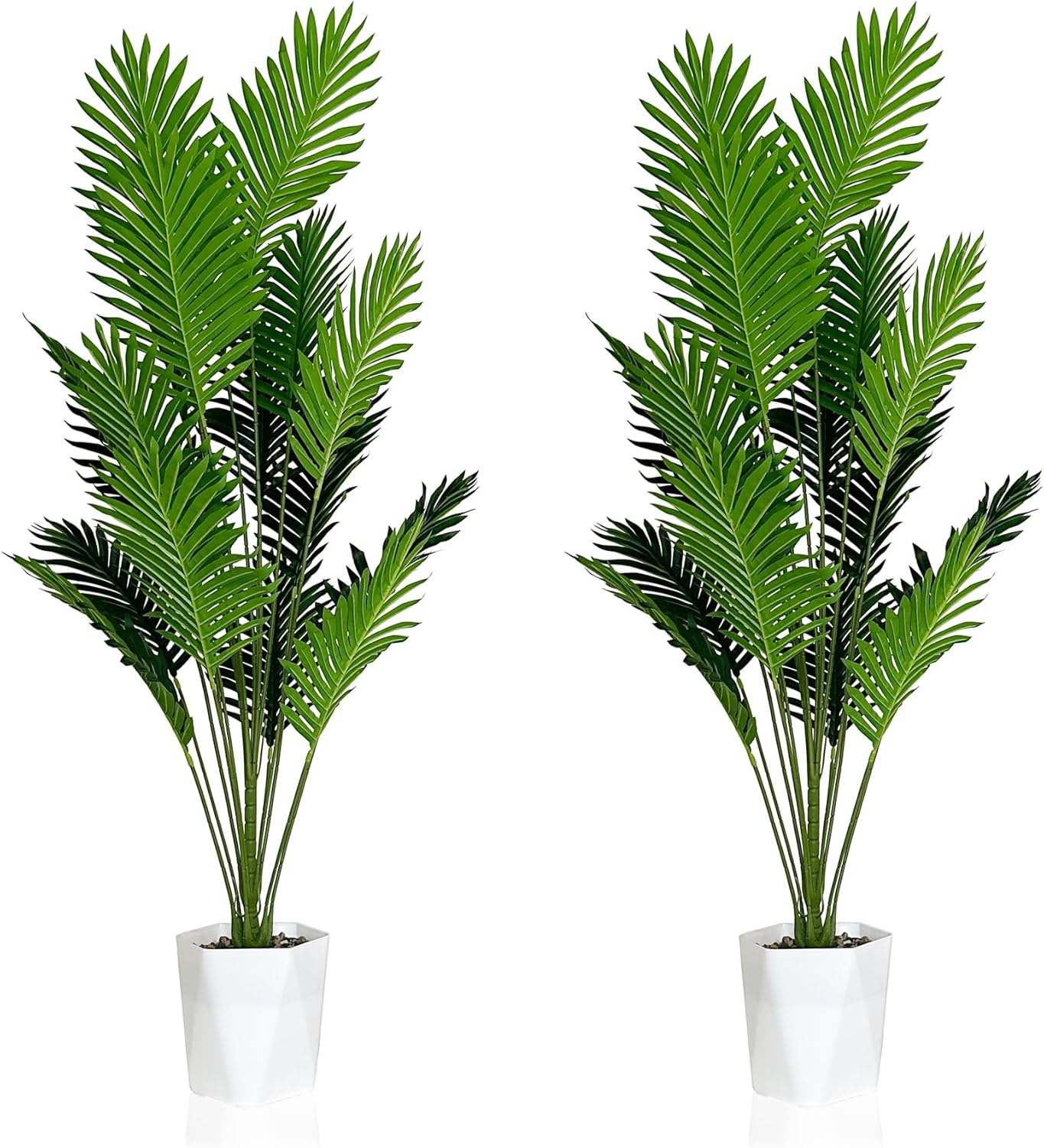 Set of 2 Artificial Areca Palm Plants in Pots, 50 Inch Fake Tropical Palm Trees with Greenery Leaves and Stems, Faux Dypsis Lutescens Floor Plants for Garden, Store, Office, Home Decoration