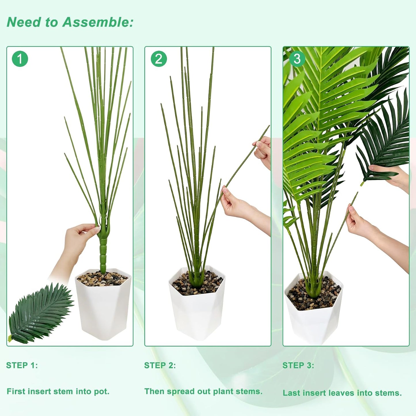 Set of 2 Artificial Areca Palm Plants in Pots, 50 Inch Fake Tropical Palm Trees with Greenery Leaves and Stems, Faux Dypsis Lutescens Floor Plants for Garden, Store, Office, Home Decoration