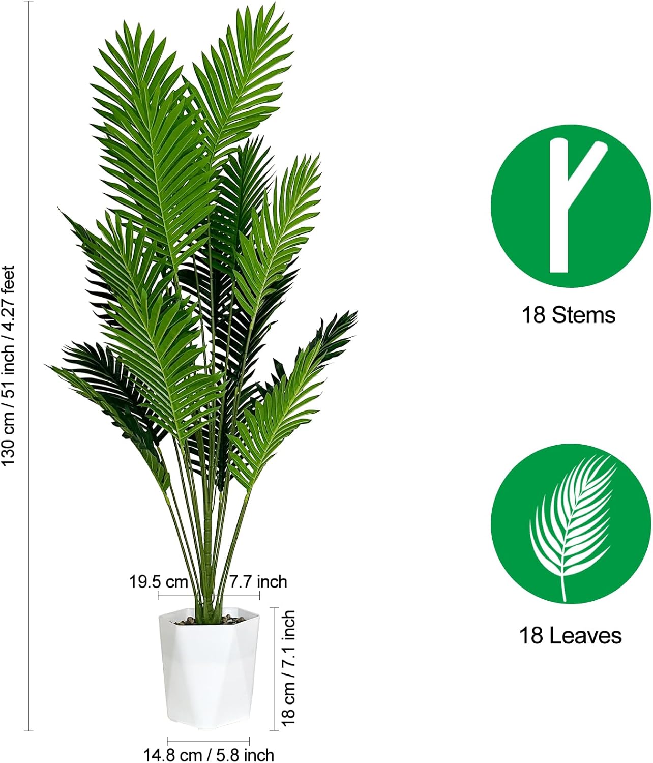 Set of 2 Artificial Areca Palm Plants in Pots, 50 Inch Fake Tropical Palm Trees with Greenery Leaves and Stems, Faux Dypsis Lutescens Floor Plants for Garden, Store, Office, Home Decoration