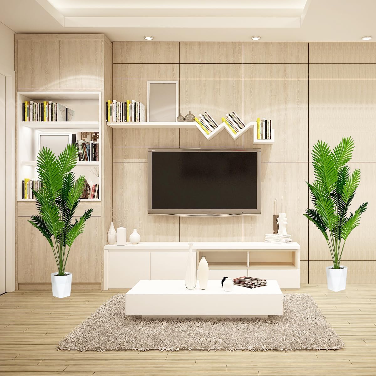 Set of 2 Artificial Areca Palm Plants in Pots, 50 Inch Fake Tropical Palm Trees with Greenery Leaves and Stems, Faux Dypsis Lutescens Floor Plants for Garden, Store, Office, Home Decoration