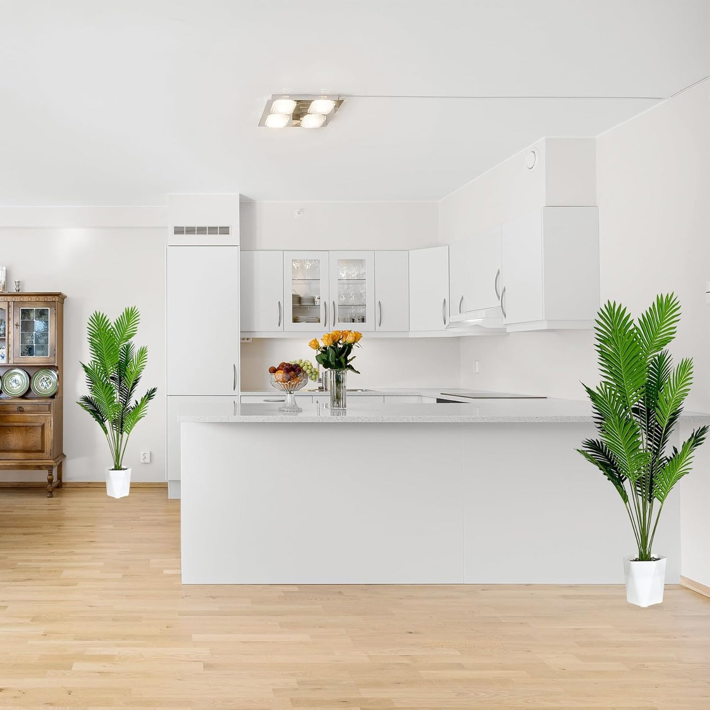Set of 2 Artificial Areca Palm Plants in Pots, 50 Inch Fake Tropical Palm Trees with Greenery Leaves and Stems, Faux Dypsis Lutescens Floor Plants for Garden, Store, Office, Home Decoration
