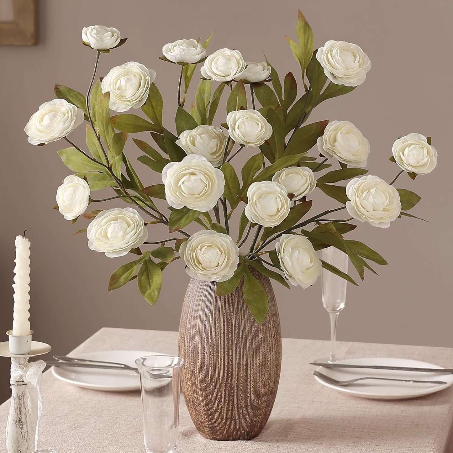 6 PCS 27"Artificial Ranunculus Flowers Branches for Vase Decor(Cream) | Fake Silk Persian Buttercup Stems Look Real Faux Flowers, for DIY Bouquet Table Centerpieces Farmhouse Home Decor