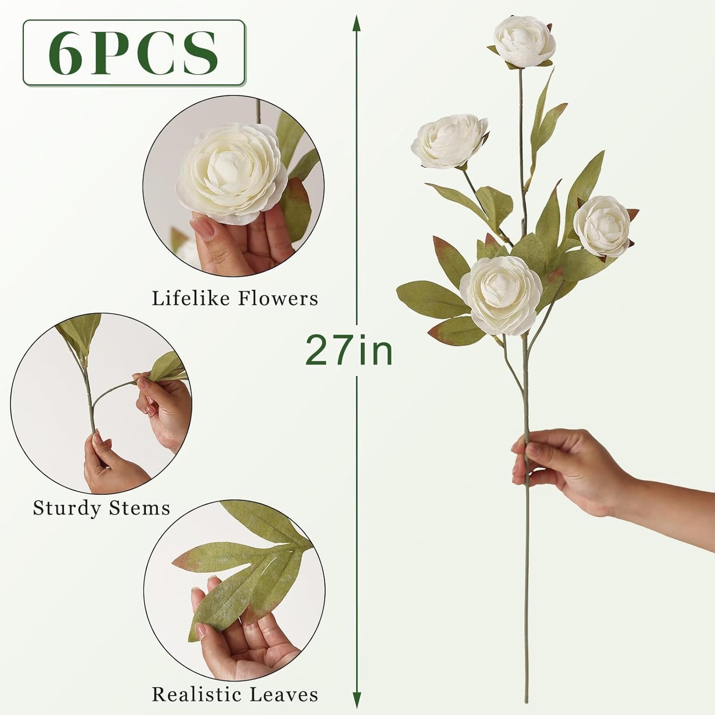 6 PCS 27"Artificial Ranunculus Flowers Branches for Vase Decor(Cream) | Fake Silk Persian Buttercup Stems Look Real Faux Flowers, for DIY Bouquet Table Centerpieces Farmhouse Home Decor