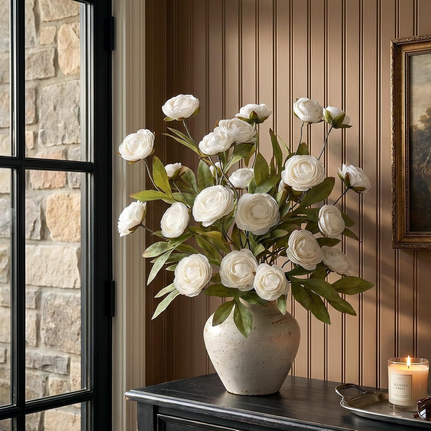 6 PCS 27"Artificial Ranunculus Flowers Branches for Vase Decor(Cream) | Fake Silk Persian Buttercup Stems Look Real Faux Flowers, for DIY Bouquet Table Centerpieces Farmhouse Home Decor