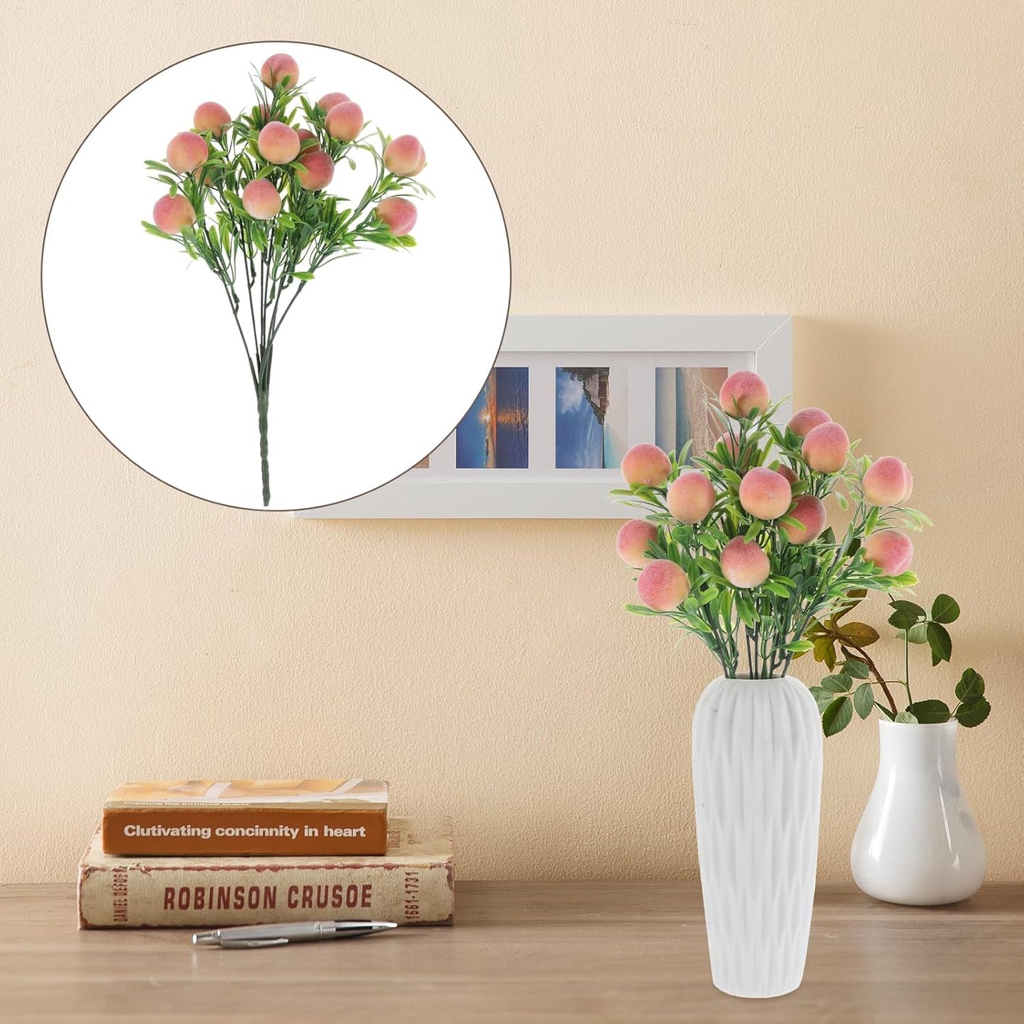 2 Pack Artificial Peach Branches Faux Fruit Stems Vase Filler Decor for Home Wedding Party Centerpieces 12.79X3.93X3.93In