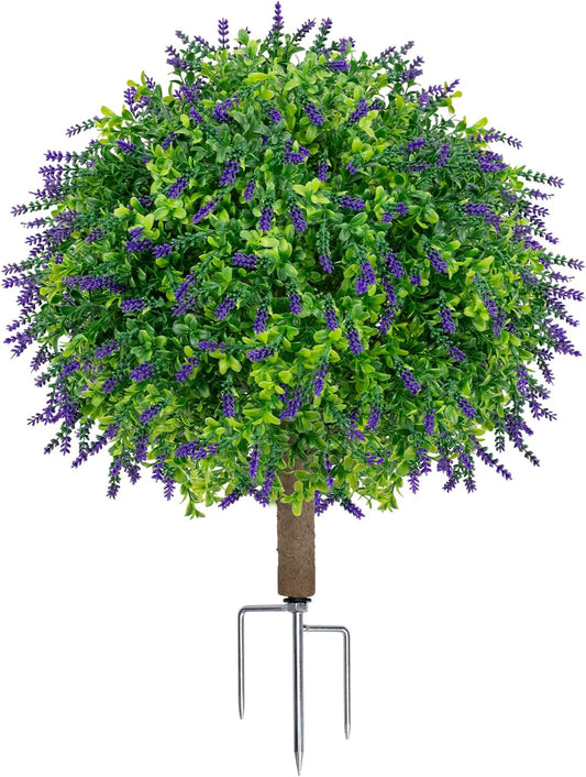 25.6" Artificial Lavender Topiary Ball with Pots, Rust-Proof Coated Metal Ground Spikes, UV-Resistant & Fade-Proof Faux Shrub for Porch, Indoor, Outdoor & Pathway Decor (2 Pcs)