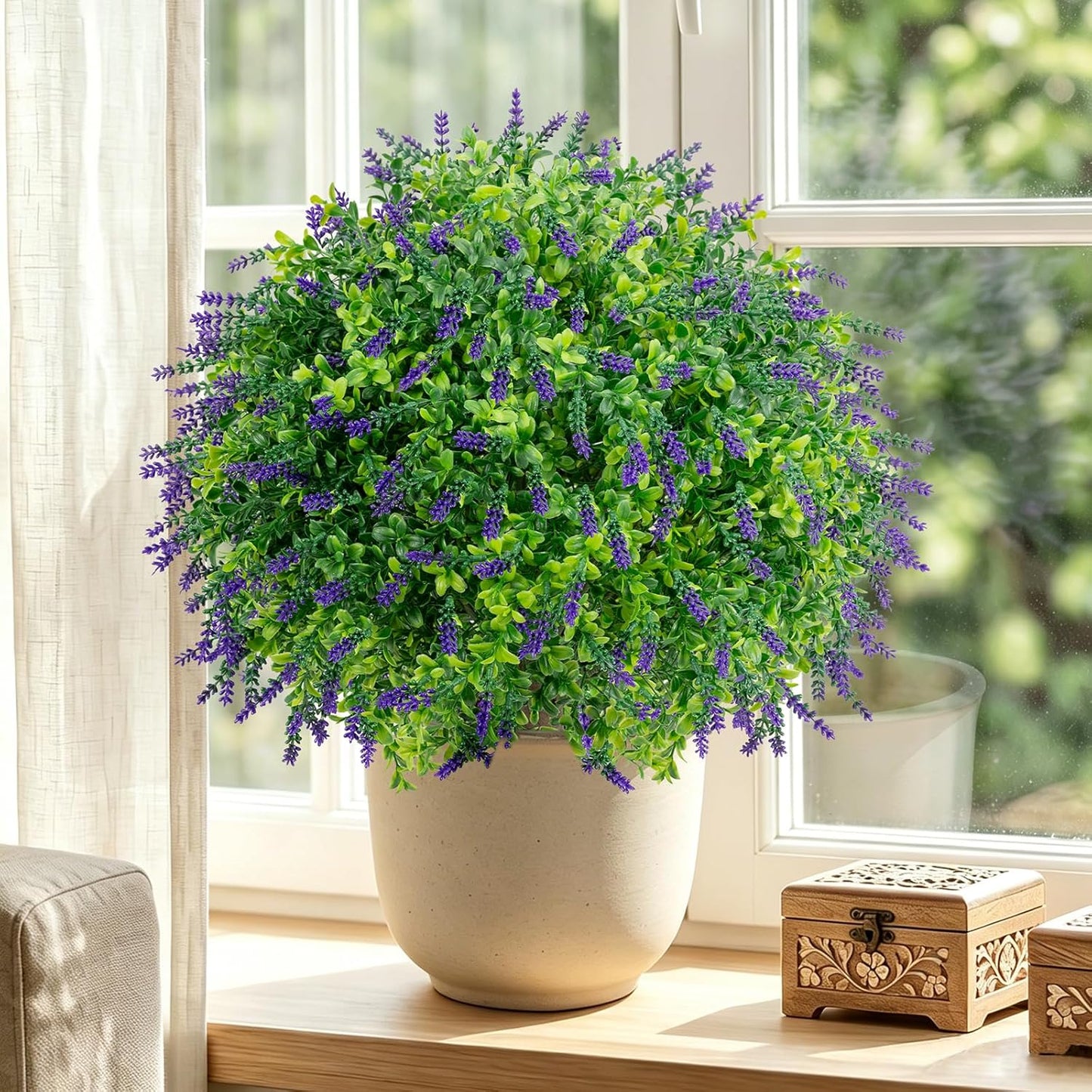 25.6" Artificial Lavender Topiary Ball with Pots, Rust-Proof Coated Metal Ground Spikes, UV-Resistant & Fade-Proof Faux Shrub for Porch, Indoor, Outdoor & Pathway Decor (2 Pcs)