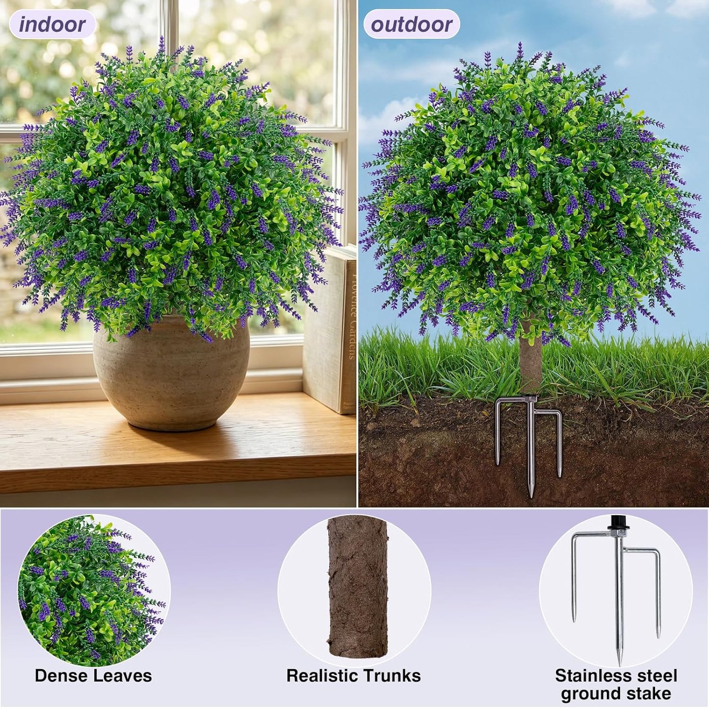 25.6" Artificial Lavender Topiary Ball with Pots, Rust-Proof Coated Metal Ground Spikes, UV-Resistant & Fade-Proof Faux Shrub for Porch, Indoor, Outdoor & Pathway Decor (2 Pcs)