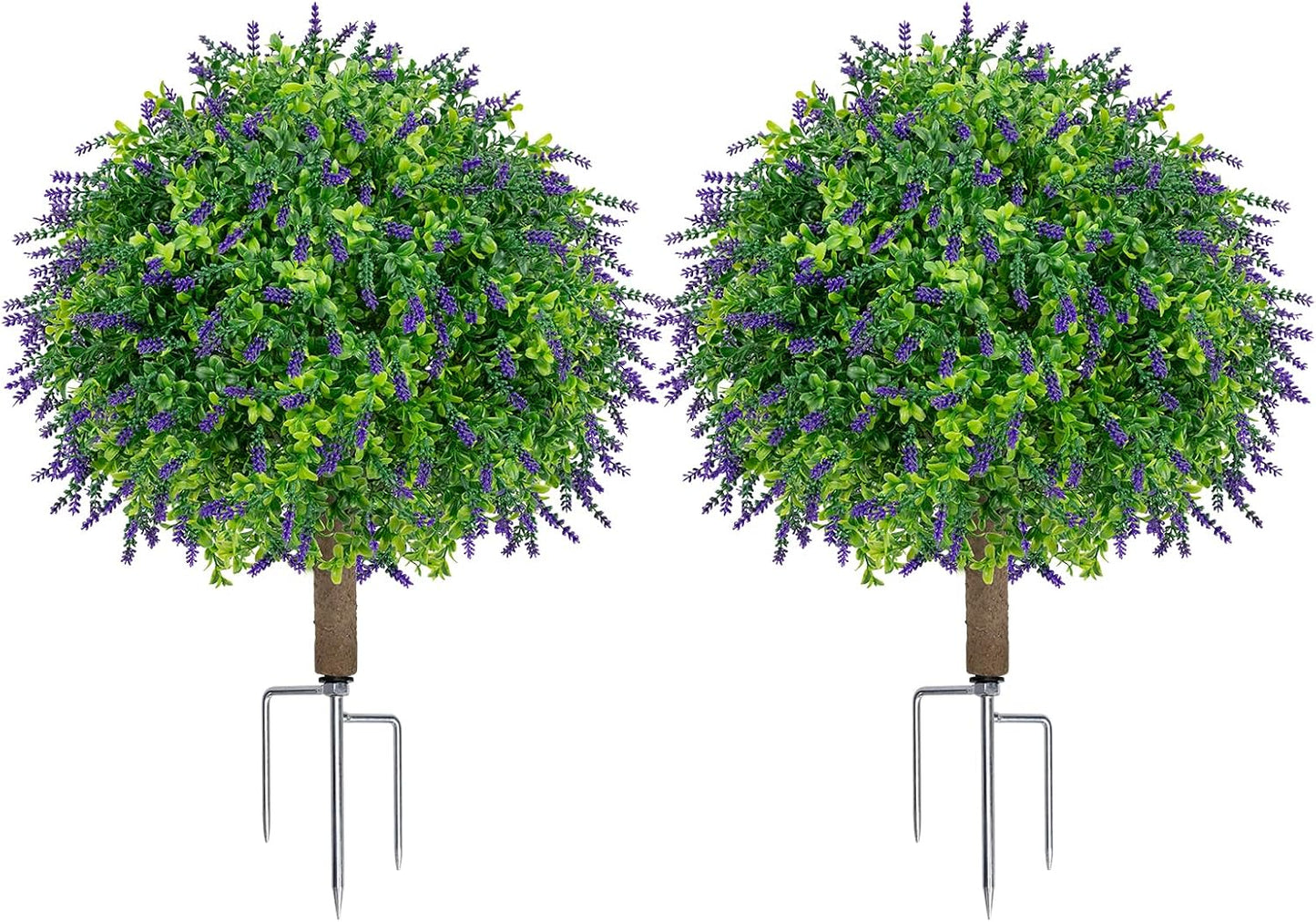 25.6" Artificial Lavender Topiary Ball with Pots, Rust-Proof Coated Metal Ground Spikes, UV-Resistant & Fade-Proof Faux Shrub for Porch, Indoor, Outdoor & Pathway Decor (2 Pcs)