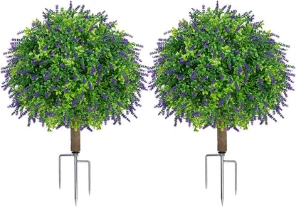 25.6" Artificial Lavender Topiary Ball with Pots, Rust-Proof Coated Metal Ground Spikes, UV-Resistant & Fade-Proof Faux Shrub for Porch, Indoor, Outdoor & Pathway Decor (2 Pcs)
