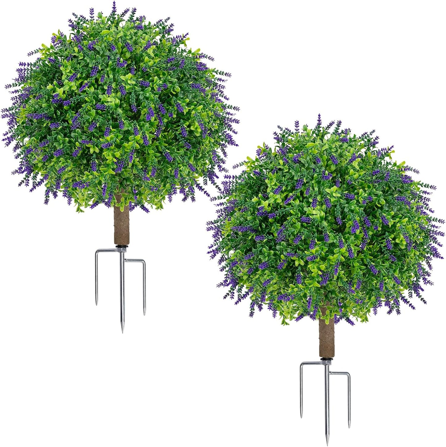 25.6" Artificial Lavender Topiary Ball with Pots, Rust-Proof Coated Metal Ground Spikes, UV-Resistant & Fade-Proof Faux Shrub for Porch, Indoor, Outdoor & Pathway Decor (2 Pcs)