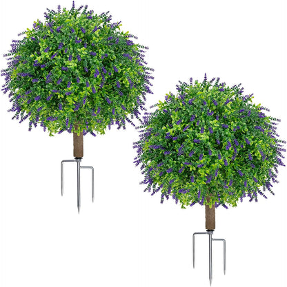 25.6" Artificial Lavender Topiary Ball with Pots, Rust-Proof Coated Metal Ground Spikes, UV-Resistant & Fade-Proof Faux Shrub for Porch, Indoor, Outdoor & Pathway Decor (2 Pcs)