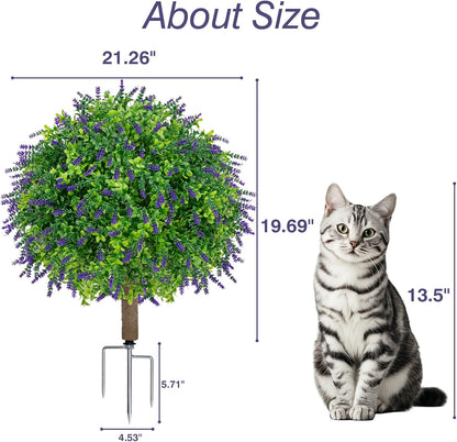 25.6" Artificial Lavender Topiary Ball with Pots, Rust-Proof Coated Metal Ground Spikes, UV-Resistant & Fade-Proof Faux Shrub for Porch, Indoor, Outdoor & Pathway Decor (2 Pcs)