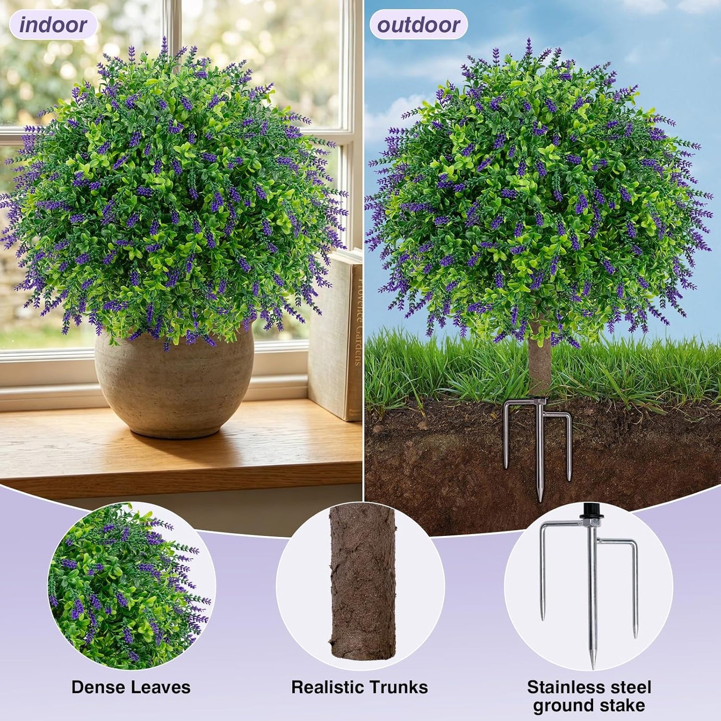 25.6" Artificial Lavender Topiary Ball with Pots, Rust-Proof Coated Metal Ground Spikes, UV-Resistant & Fade-Proof Faux Shrub for Porch, Indoor, Outdoor & Pathway Decor (2 Pcs)