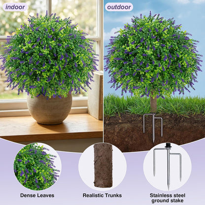 25.6" Artificial Lavender Topiary Ball with Pots, Rust-Proof Coated Metal Ground Spikes, UV-Resistant & Fade-Proof Faux Shrub for Porch, Indoor, Outdoor & Pathway Decor (2 Pcs)