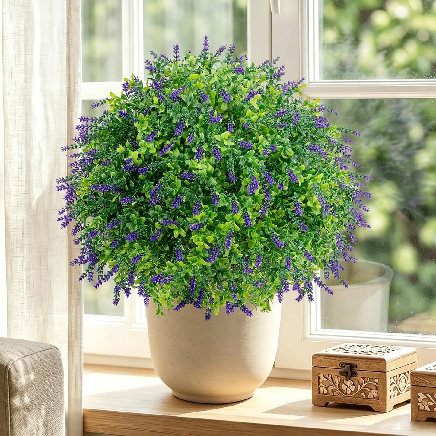 25.6" Artificial Lavender Topiary Ball with Pots, Rust-Proof Coated Metal Ground Spikes, UV-Resistant & Fade-Proof Faux Shrub for Porch, Indoor, Outdoor & Pathway Decor (2 Pcs)