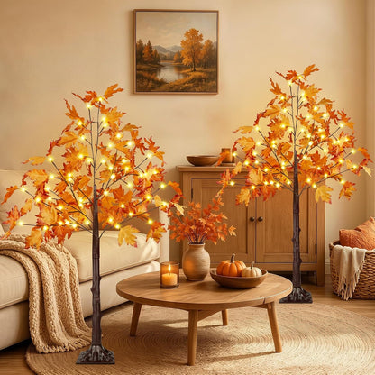 2 Pack 4FT 100 LED Lighted Maple Tree, Artificial Fall Tree Outdoor/Indoor | Prelit, Timer, Adjustable and Flexible Branches, Warm White, Waterproof Autumn Lights Plug in for Halloween Fall Home Decor
