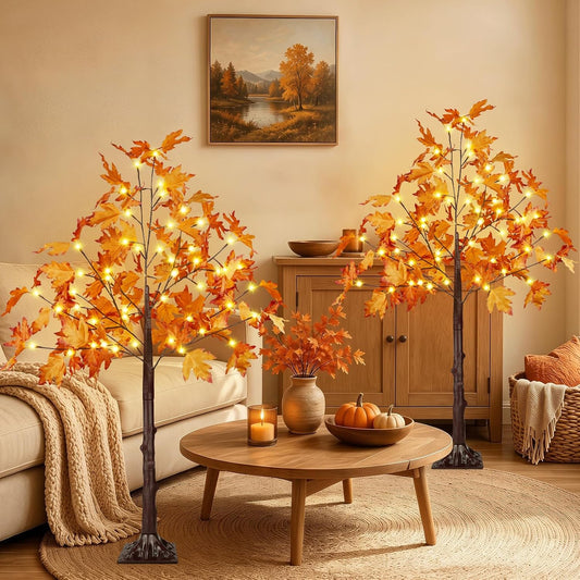 2 Pack 4FT 100 LED Lighted Maple Tree, Artificial Fall Tree Outdoor/Indoor | Prelit, Timer, Adjustable and Flexible Branches, Warm White, Waterproof Autumn Lights Plug in for Halloween Fall Home Decor