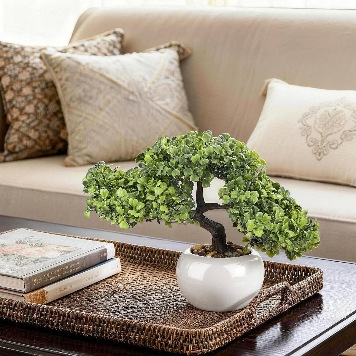 Artificial Bonsai Tree 9.5 Inch Fake Plants Decor with Ceramic Pots, Faux Potted Juniper Plants Indoor Decor for Office Desk Home Table Bedroom Living Room Farmhouse Decorations