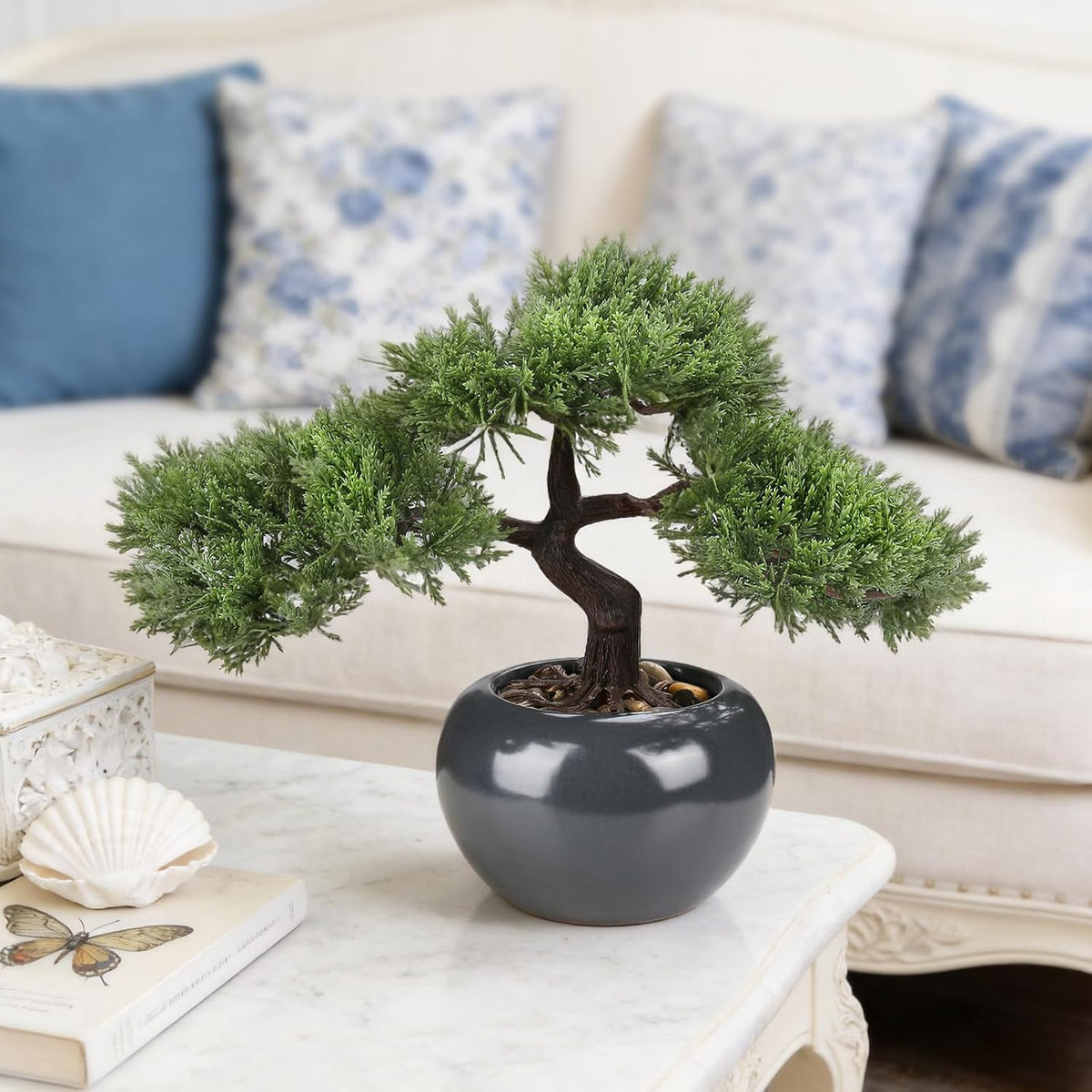 Artificial Bonsai Tree 9.5 Inch Fake Plants Decor with Ceramic Pots, Faux Potted Juniper Plants Indoor Decor for Office Desk Home Table Bedroom Living Room Farmhouse Decorations