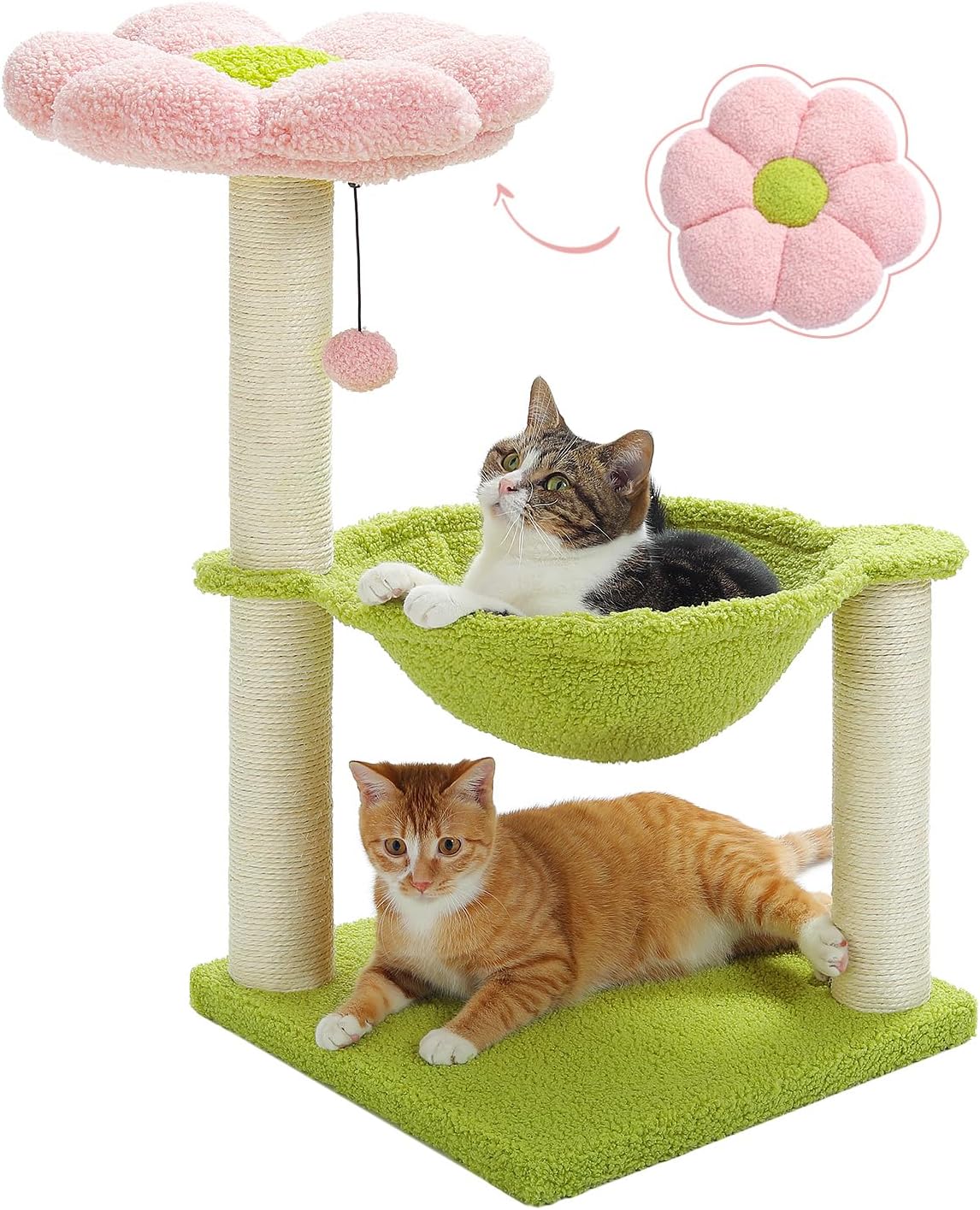 28" Flower Cat Tree Cute with Flower Top Perch, Large Hammock for Indoor Small Cats, Small Cat Tower with Cute Scratching Post and Fur Toy Ball for Kittens, Yellow