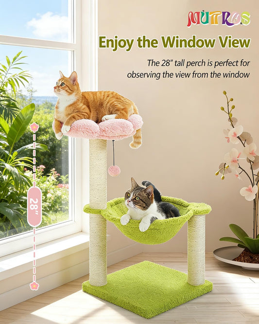 28" Flower Cat Tree Cute with Flower Top Perch, Large Hammock for Indoor Small Cats, Small Cat Tower with Cute Scratching Post and Fur Toy Ball for Kittens, Yellow