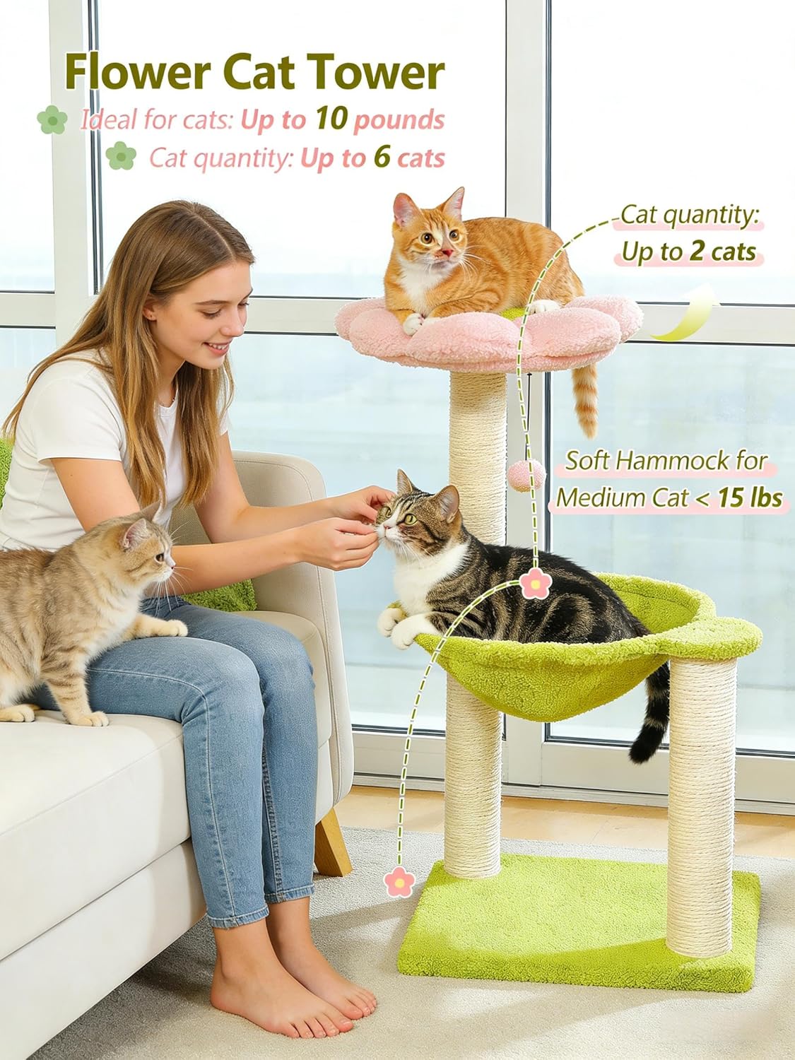 28" Flower Cat Tree Cute with Flower Top Perch, Large Hammock for Indoor Small Cats, Small Cat Tower with Cute Scratching Post and Fur Toy Ball for Kittens, Yellow