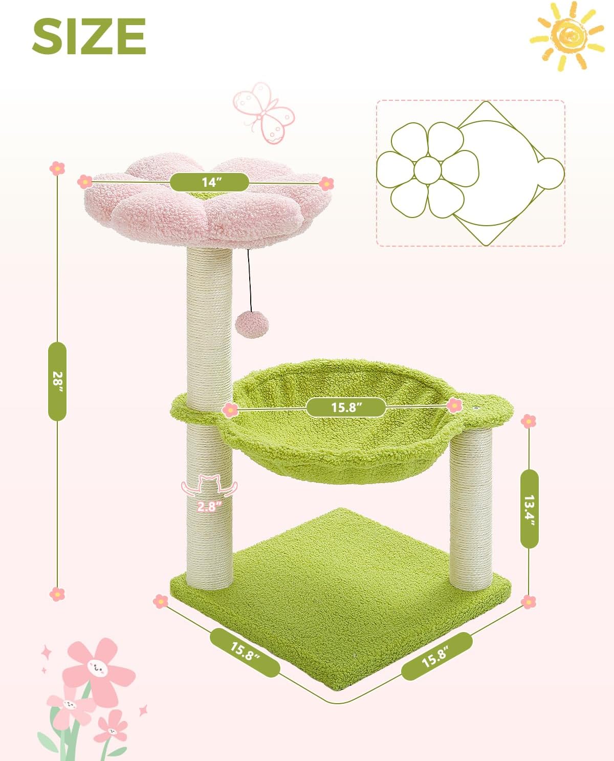 28" Flower Cat Tree Cute with Flower Top Perch, Large Hammock for Indoor Small Cats, Small Cat Tower with Cute Scratching Post and Fur Toy Ball for Kittens, Yellow