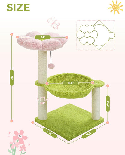 28" Flower Cat Tree Cute with Flower Top Perch, Large Hammock for Indoor Small Cats, Small Cat Tower with Cute Scratching Post and Fur Toy Ball for Kittens, Yellow