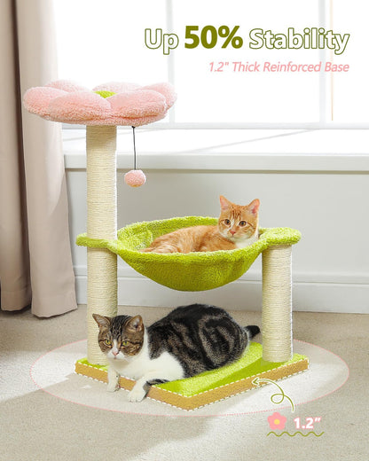 28" Flower Cat Tree Cute with Flower Top Perch, Large Hammock for Indoor Small Cats, Small Cat Tower with Cute Scratching Post and Fur Toy Ball for Kittens, Yellow