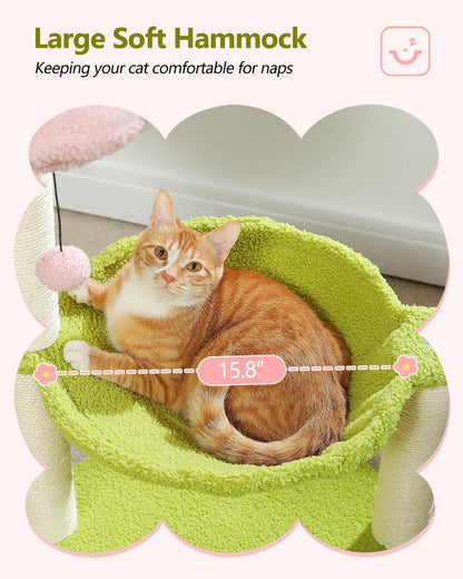28" Flower Cat Tree Cute with Flower Top Perch, Large Hammock for Indoor Small Cats, Small Cat Tower with Cute Scratching Post and Fur Toy Ball for Kittens, Yellow