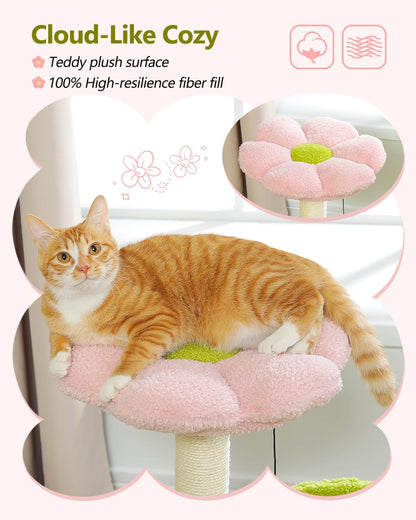 28" Flower Cat Tree Cute with Flower Top Perch, Large Hammock for Indoor Small Cats, Small Cat Tower with Cute Scratching Post and Fur Toy Ball for Kittens, Yellow