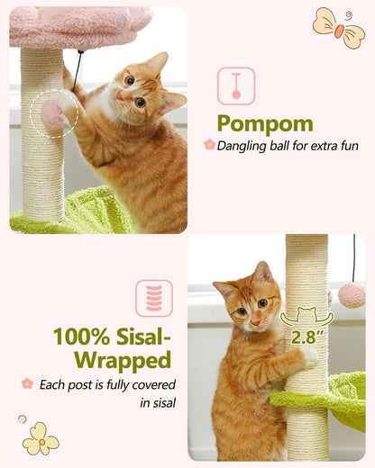 28" Flower Cat Tree Cute with Flower Top Perch, Large Hammock for Indoor Small Cats, Small Cat Tower with Cute Scratching Post and Fur Toy Ball for Kittens, Yellow