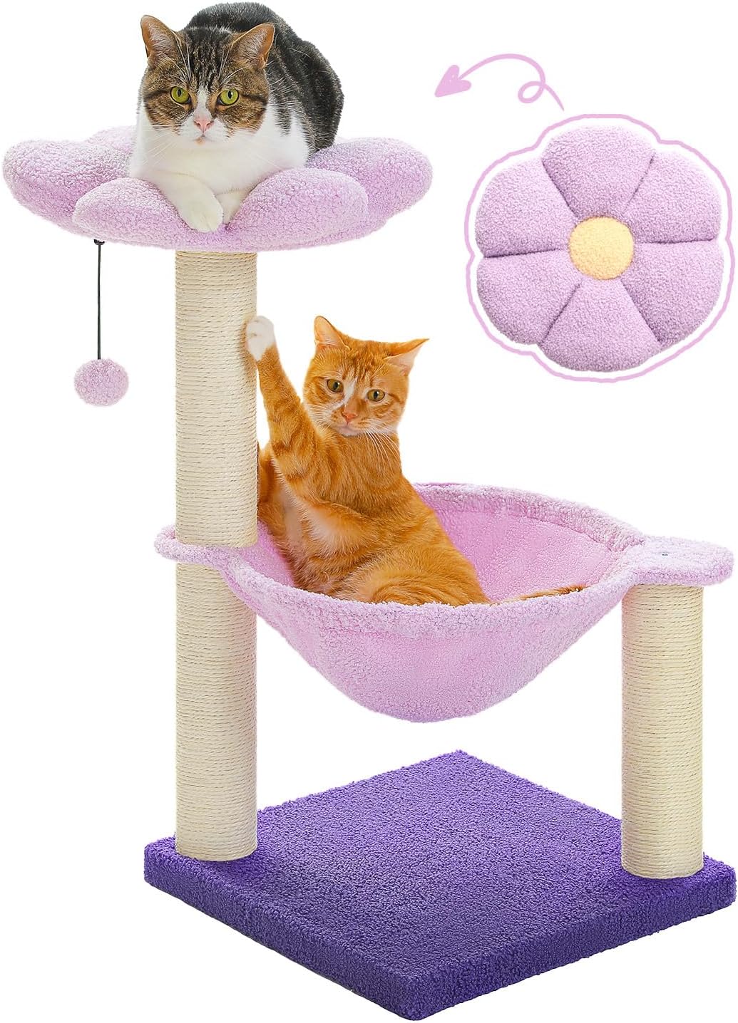 28" Flower Cat Tree Cute with Flower Top Perch, Large Hammock for Indoor Small Cats, Small Cat Tower with Cute Scratching Post and Fur Toy Ball for Kittens, Yellow