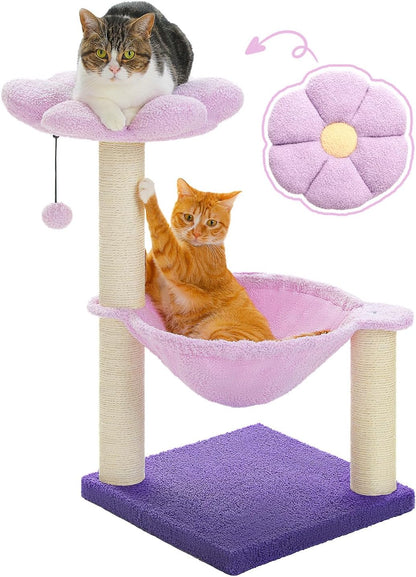 28" Flower Cat Tree Cute with Flower Top Perch, Large Hammock for Indoor Small Cats, Small Cat Tower with Cute Scratching Post and Fur Toy Ball for Kittens, Yellow