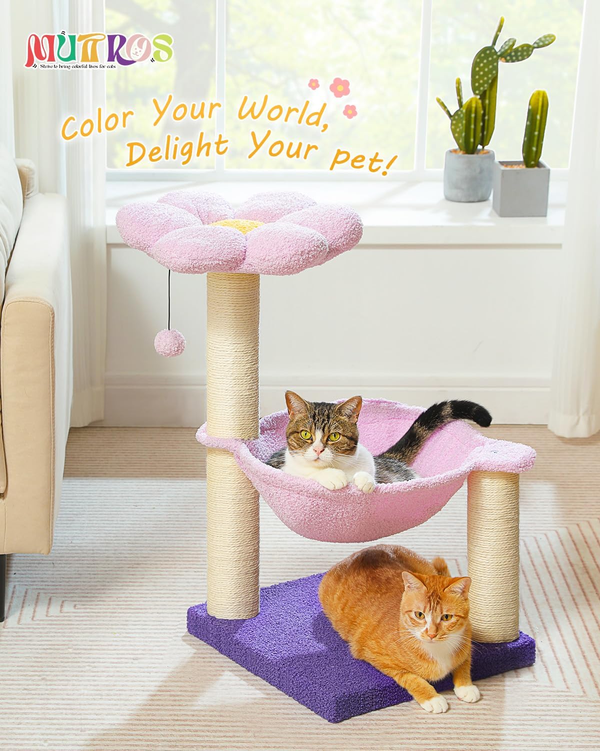 28" Flower Cat Tree Cute with Flower Top Perch, Large Hammock for Indoor Small Cats, Small Cat Tower with Cute Scratching Post and Fur Toy Ball for Kittens, Yellow