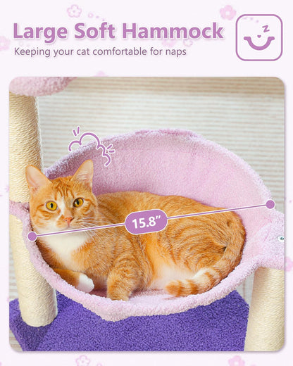28" Flower Cat Tree Cute with Flower Top Perch, Large Hammock for Indoor Small Cats, Small Cat Tower with Cute Scratching Post and Fur Toy Ball for Kittens, Yellow