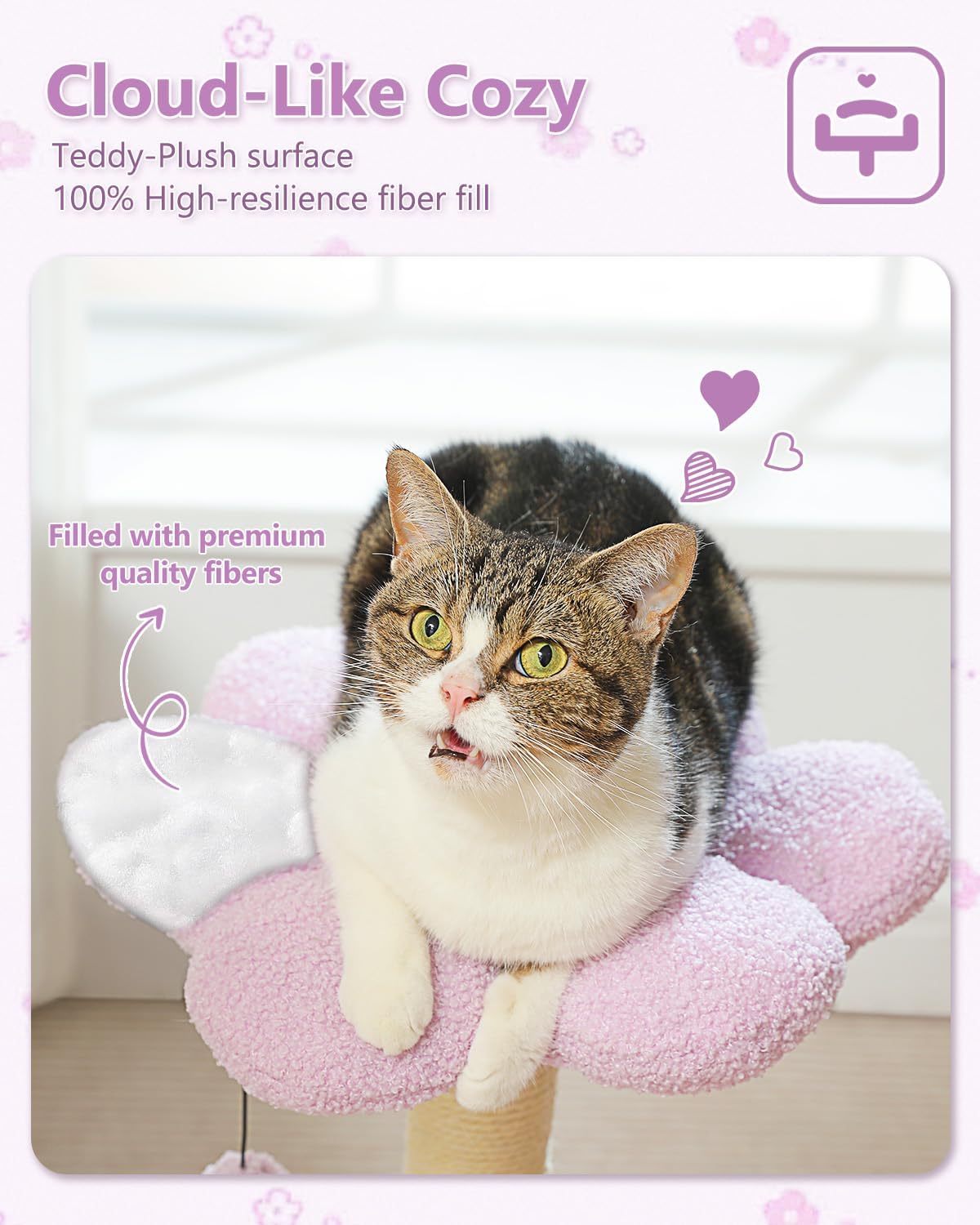 28" Flower Cat Tree Cute with Flower Top Perch, Large Hammock for Indoor Small Cats, Small Cat Tower with Cute Scratching Post and Fur Toy Ball for Kittens, Yellow