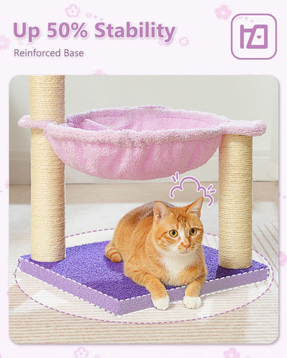 28" Flower Cat Tree Cute with Flower Top Perch, Large Hammock for Indoor Small Cats, Small Cat Tower with Cute Scratching Post and Fur Toy Ball for Kittens, Yellow