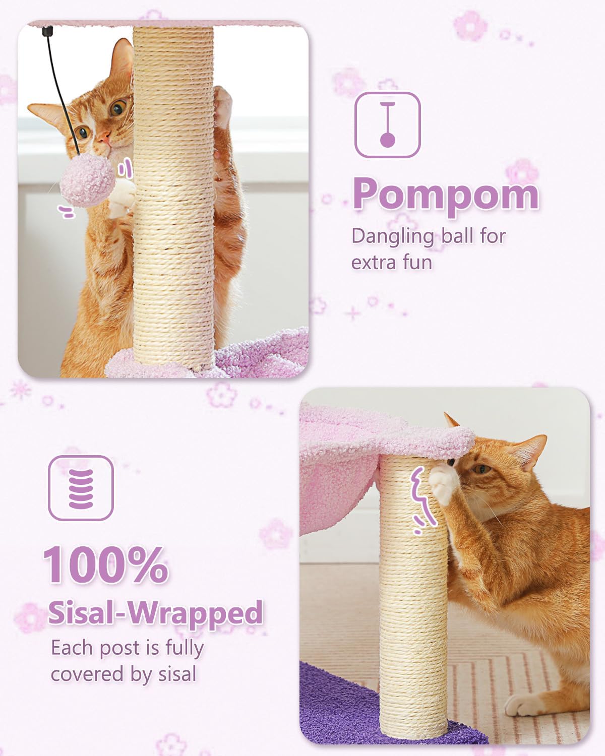 28" Flower Cat Tree Cute with Flower Top Perch, Large Hammock for Indoor Small Cats, Small Cat Tower with Cute Scratching Post and Fur Toy Ball for Kittens, Yellow
