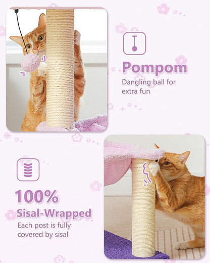 28" Flower Cat Tree Cute with Flower Top Perch, Large Hammock for Indoor Small Cats, Small Cat Tower with Cute Scratching Post and Fur Toy Ball for Kittens, Yellow