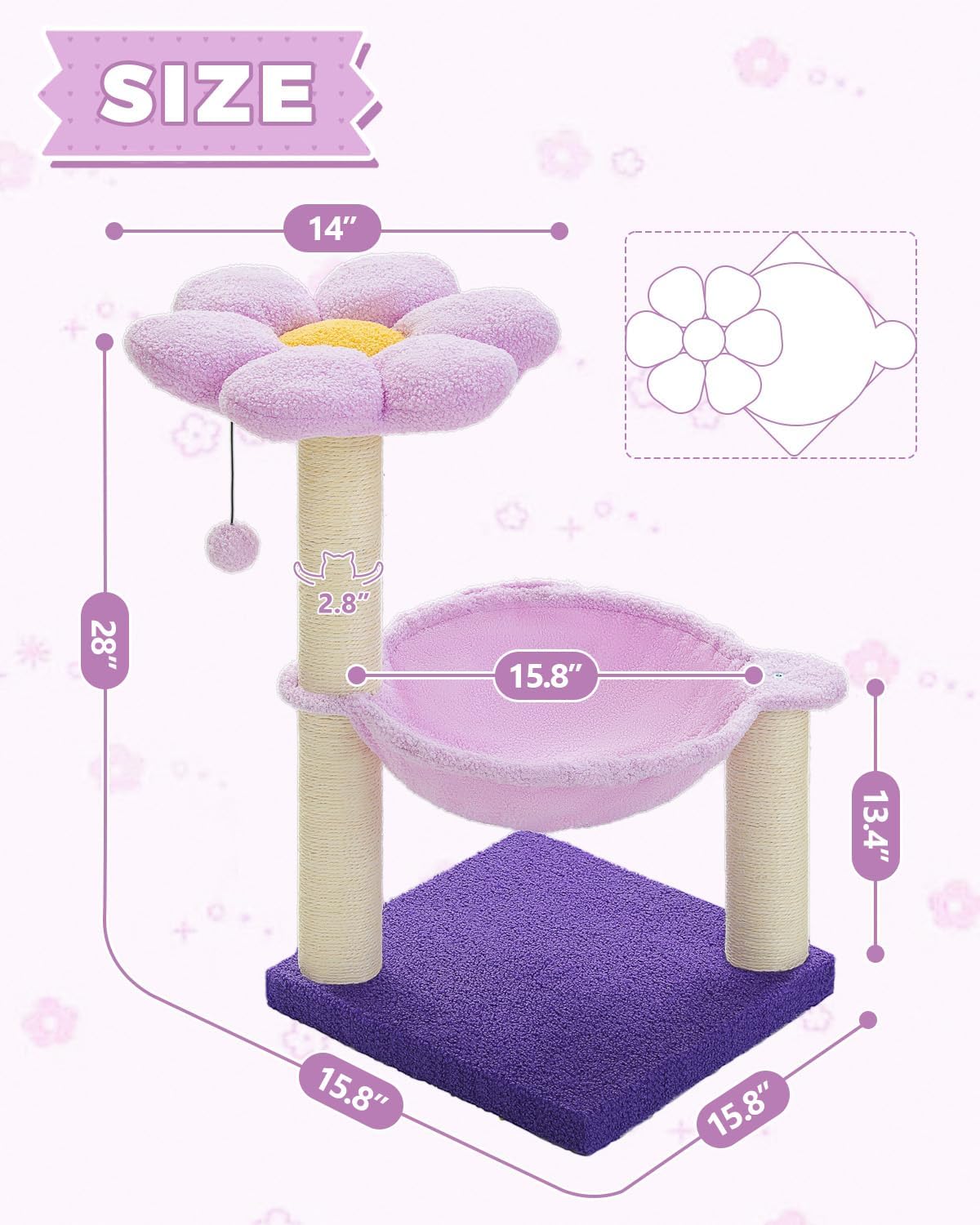 28" Flower Cat Tree Cute with Flower Top Perch, Large Hammock for Indoor Small Cats, Small Cat Tower with Cute Scratching Post and Fur Toy Ball for Kittens, Yellow