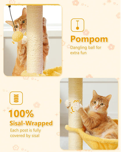 28" Flower Cat Tree Cute with Flower Top Perch, Large Hammock for Indoor Small Cats, Small Cat Tower with Cute Scratching Post and Fur Toy Ball for Kittens, Yellow